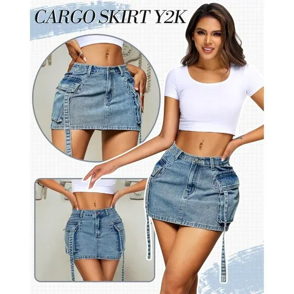 Women's Low Waist Denim Cargo Mini Skirt - Y2K Style With Pockets, Light Blue, X-Small